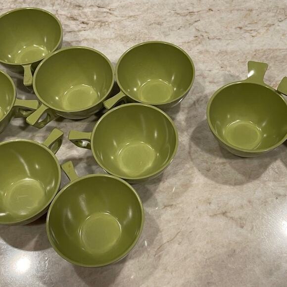 Melmac melamine coffee or tea set with cream and sugar  avocado green. Retro - Picture 3 of 12